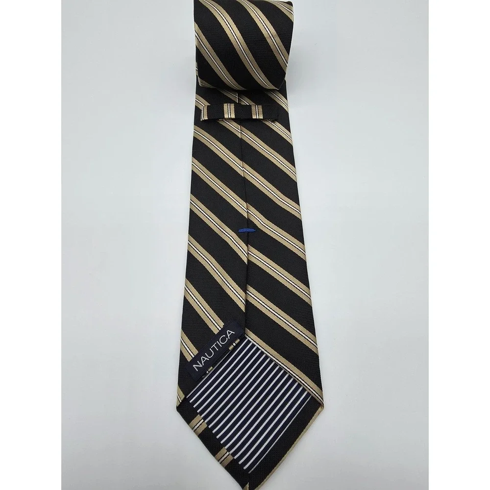 Vintage Nautica Tie Mens Gold Black Silk Striped Necktie 58